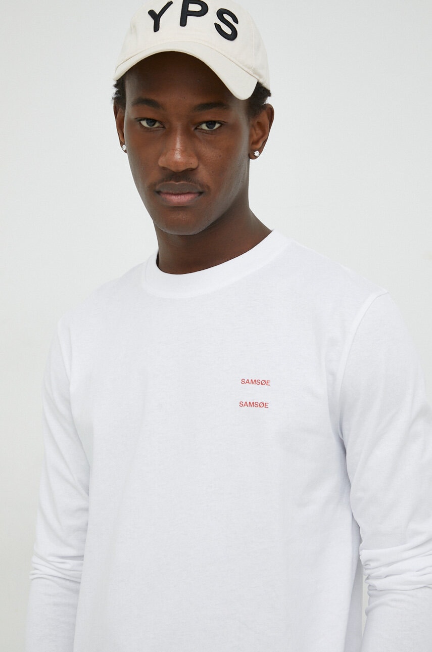 Samsoe samsoe longsleeve din bumbac culoarea alb, cu imprimeu