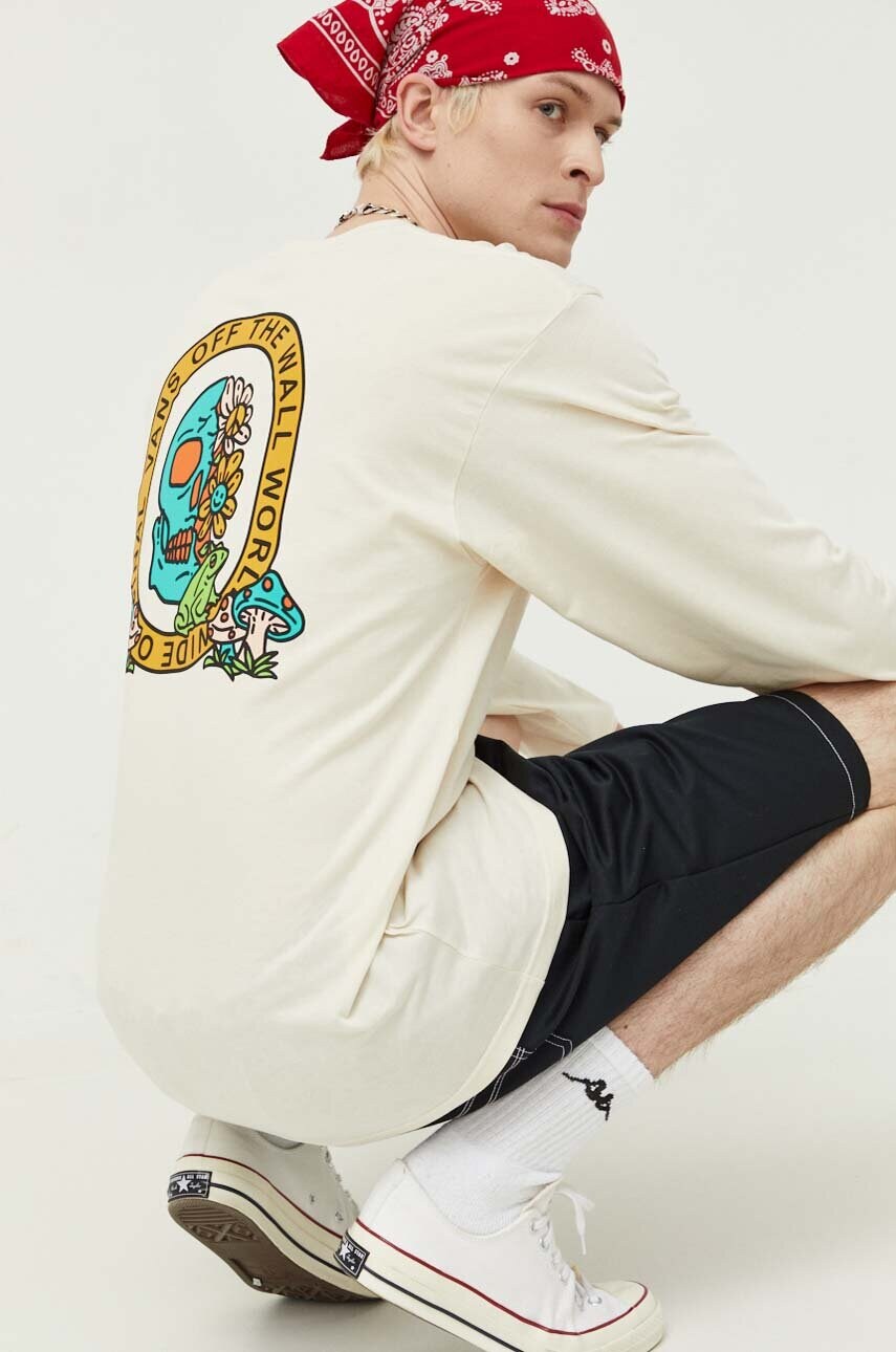 

Памучна блуза с дълги ръкави Vans в бежово с принт, Бежов