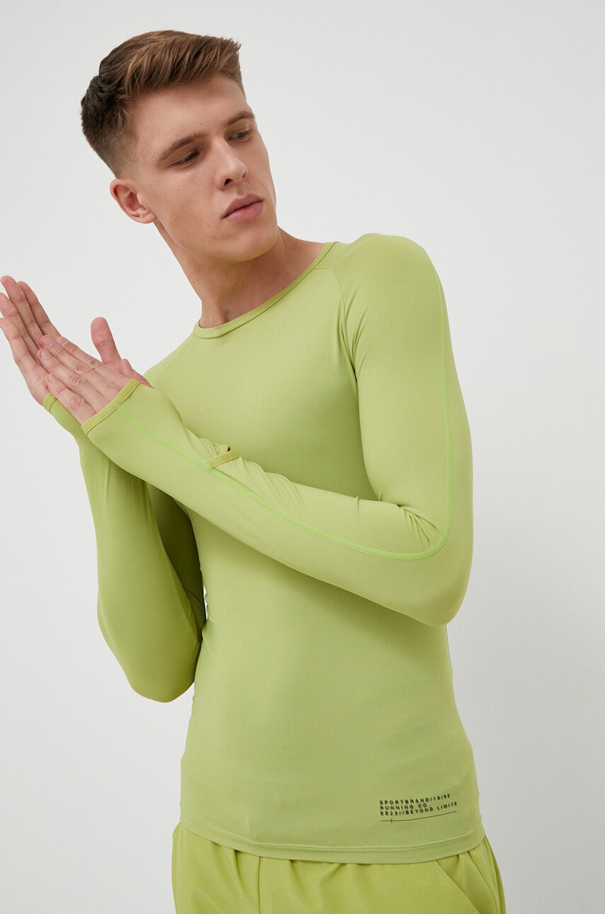 4F longsleeve pentru alergare culoarea verde, neted