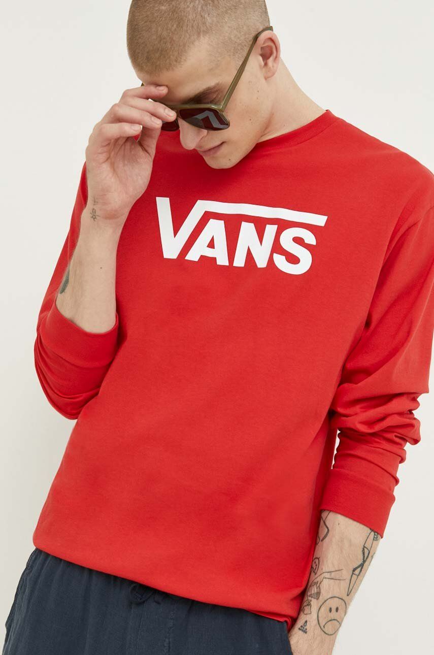 Bavlnené tričko s dlhým rukávom Vans červená farba, s potlačou
