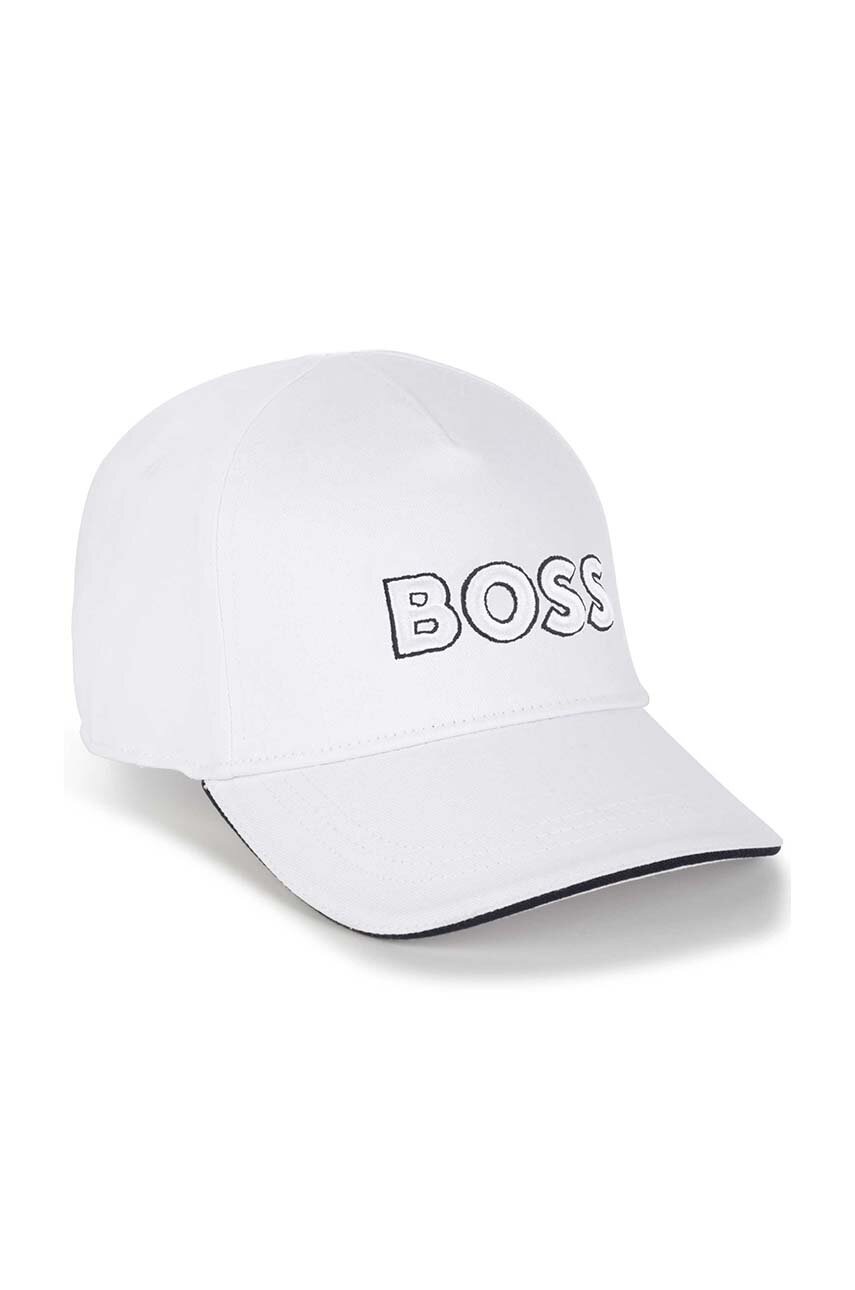 

Детская хлопковая шапка BOSS цвет белый с принтом