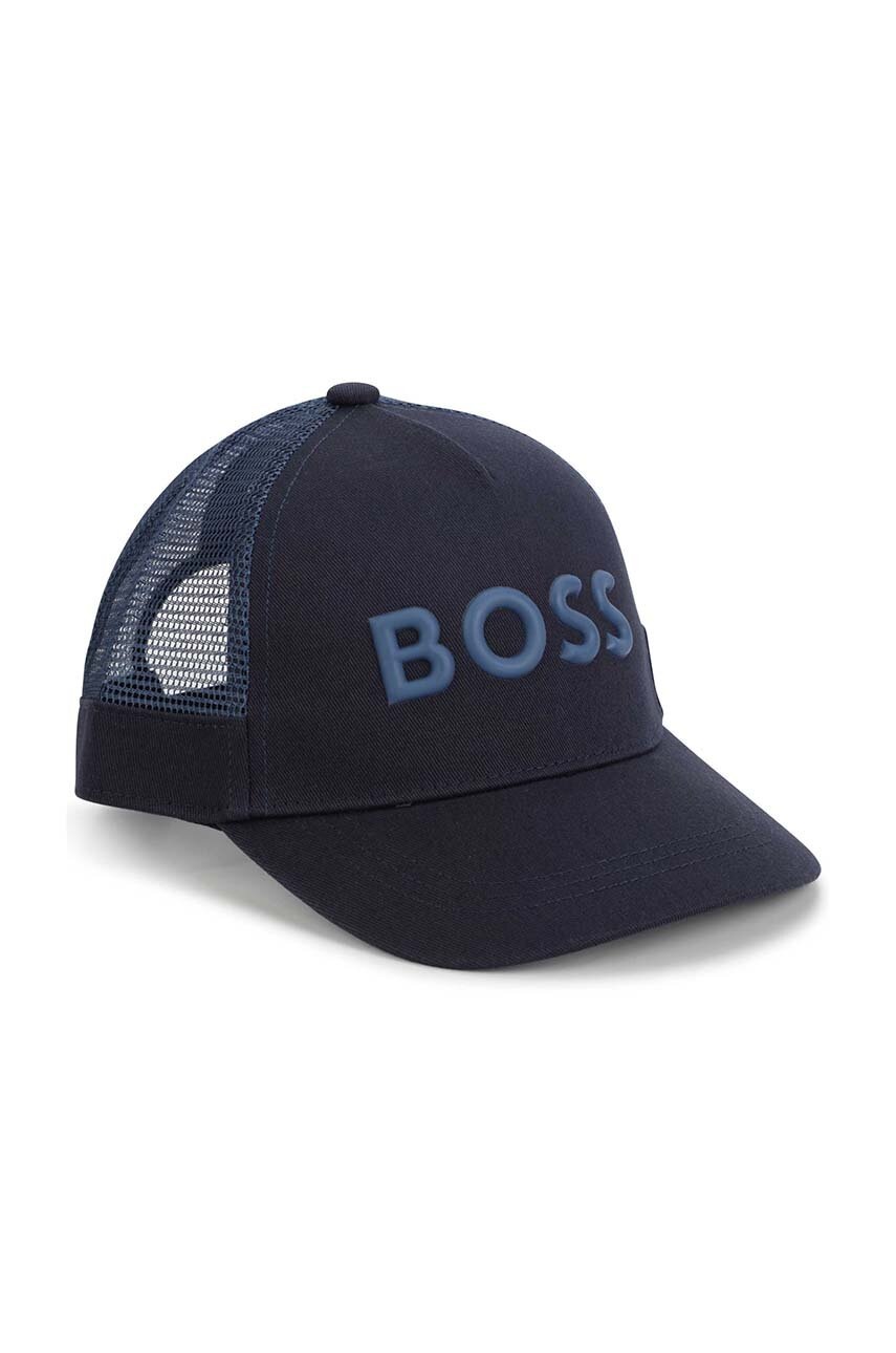 

Дитяча бавовняна шапка BOSS колір синій з принтом