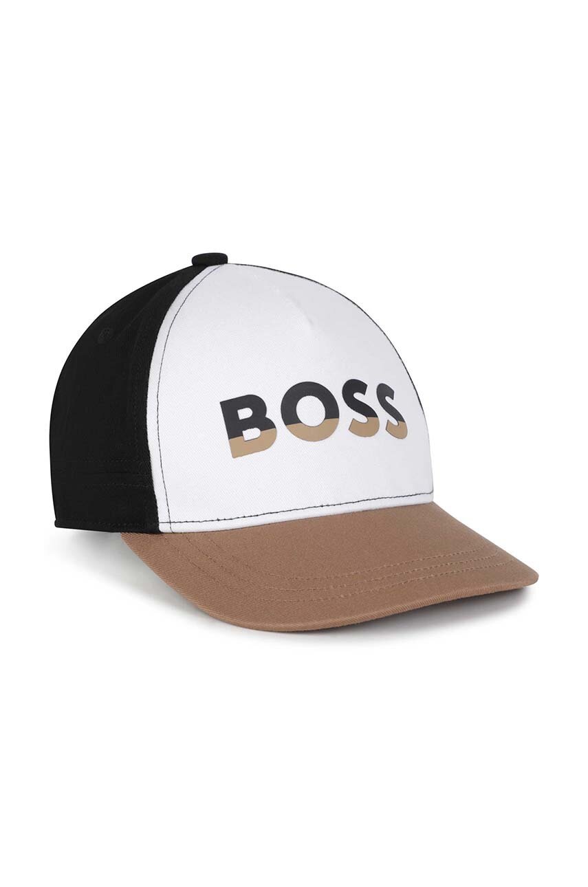 

Дитяча бавовняна шапка BOSS колір чорний з принтом
