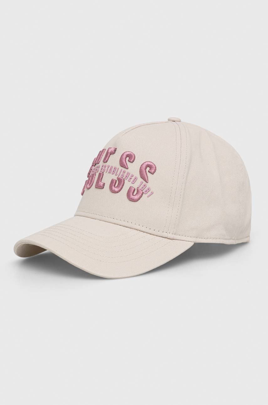 

Хлопковая кепка Guess цвет бежевый с аппликацией
