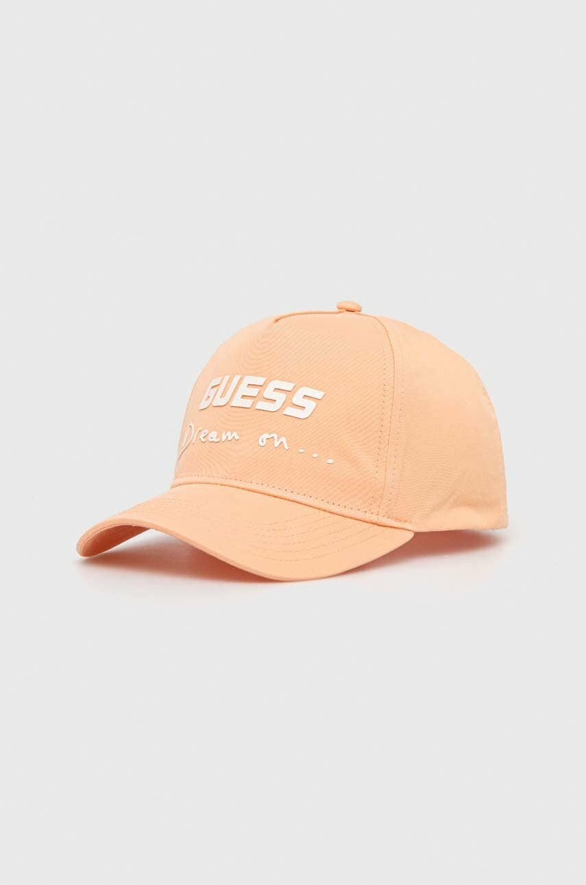 Levně Bavlněná baseballová čepice Guess oranžová barva, s aplikací
