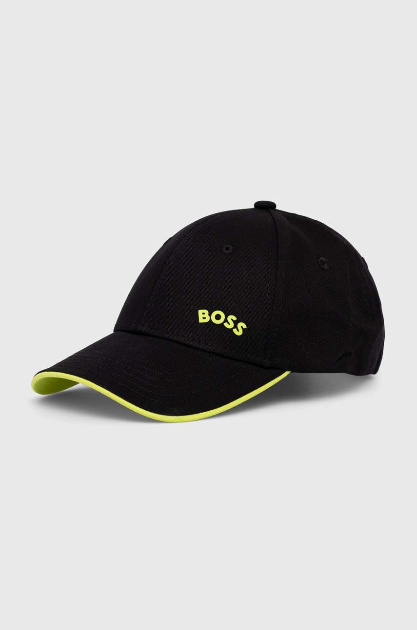 Levně Bavlněná baseballová čepice BOSS BOSS GREEN černá barva, s potiskem