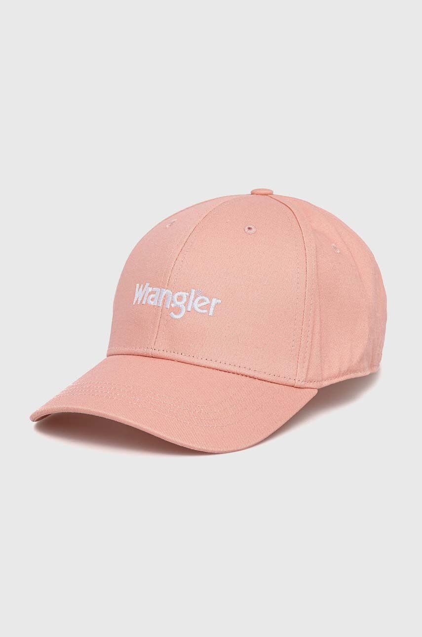 Levně Bavlněná baseballová čepice Wrangler růžová barva, s potiskem