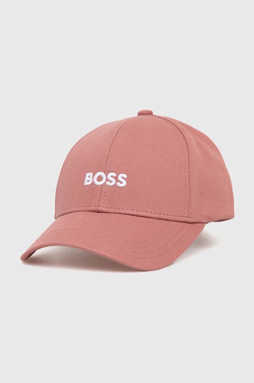 Levně Bavlněná baseballová čepice BOSS růžová barva, s aplikací