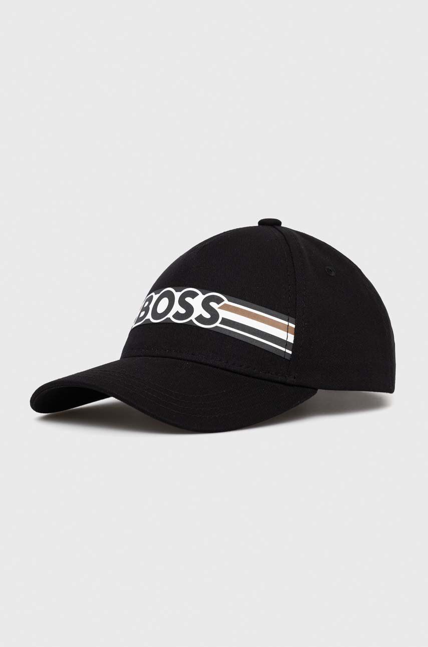 Levně Bavlněná baseballová čepice BOSS černá barva, s potiskem
