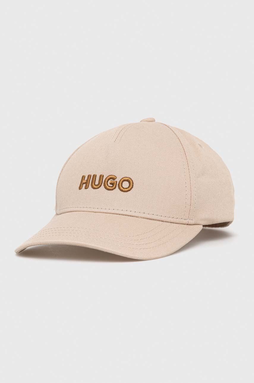 Bavlněná baseballová čepice HUGO béžová barva, s aplikací - béžová -  100 % Bavlna