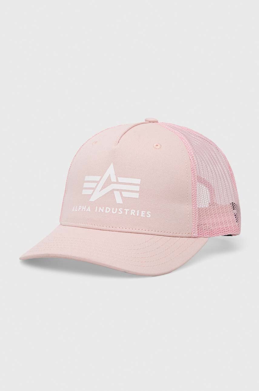 

Памучна шапка Alpha Industries в розово с принт, Розов