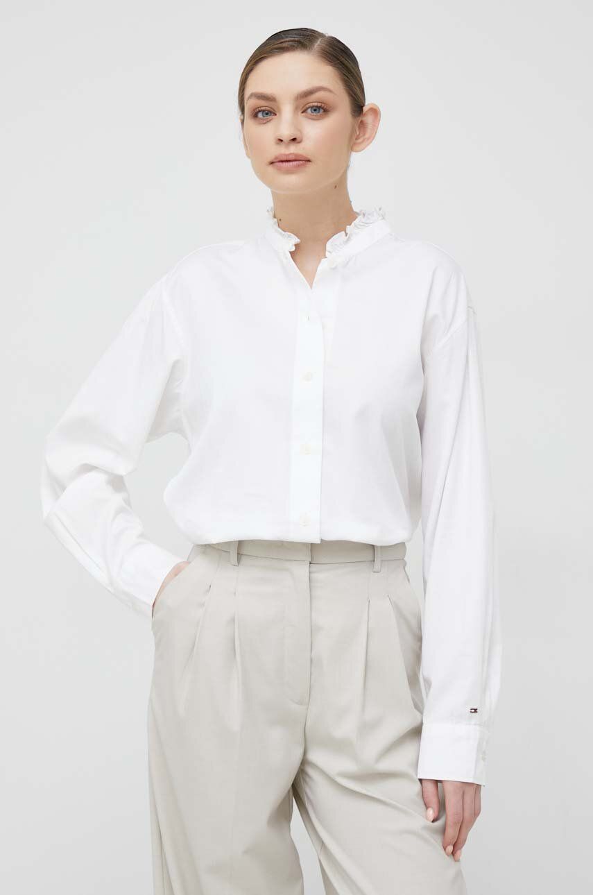 Košile Tommy Hilfiger bílá barva, relaxed, se stojáčkem - bílá -  100 % Bavlna