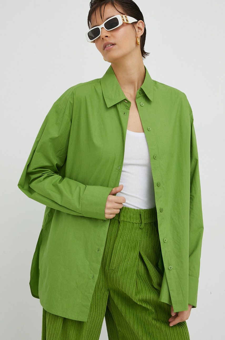 Gestuz camasa din bumbac IsolGZ femei, culoarea verde, cu guler clasic, relaxed answear.ro
