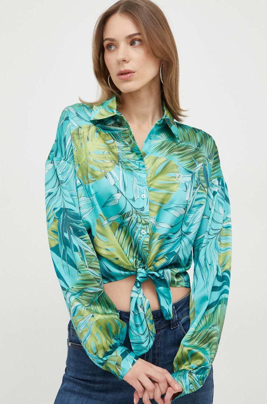 Levně Košile Guess BOWED JUN dámská, tyrkysová barva, relaxed, s klasickým límcem, W3GH93 WD8G2