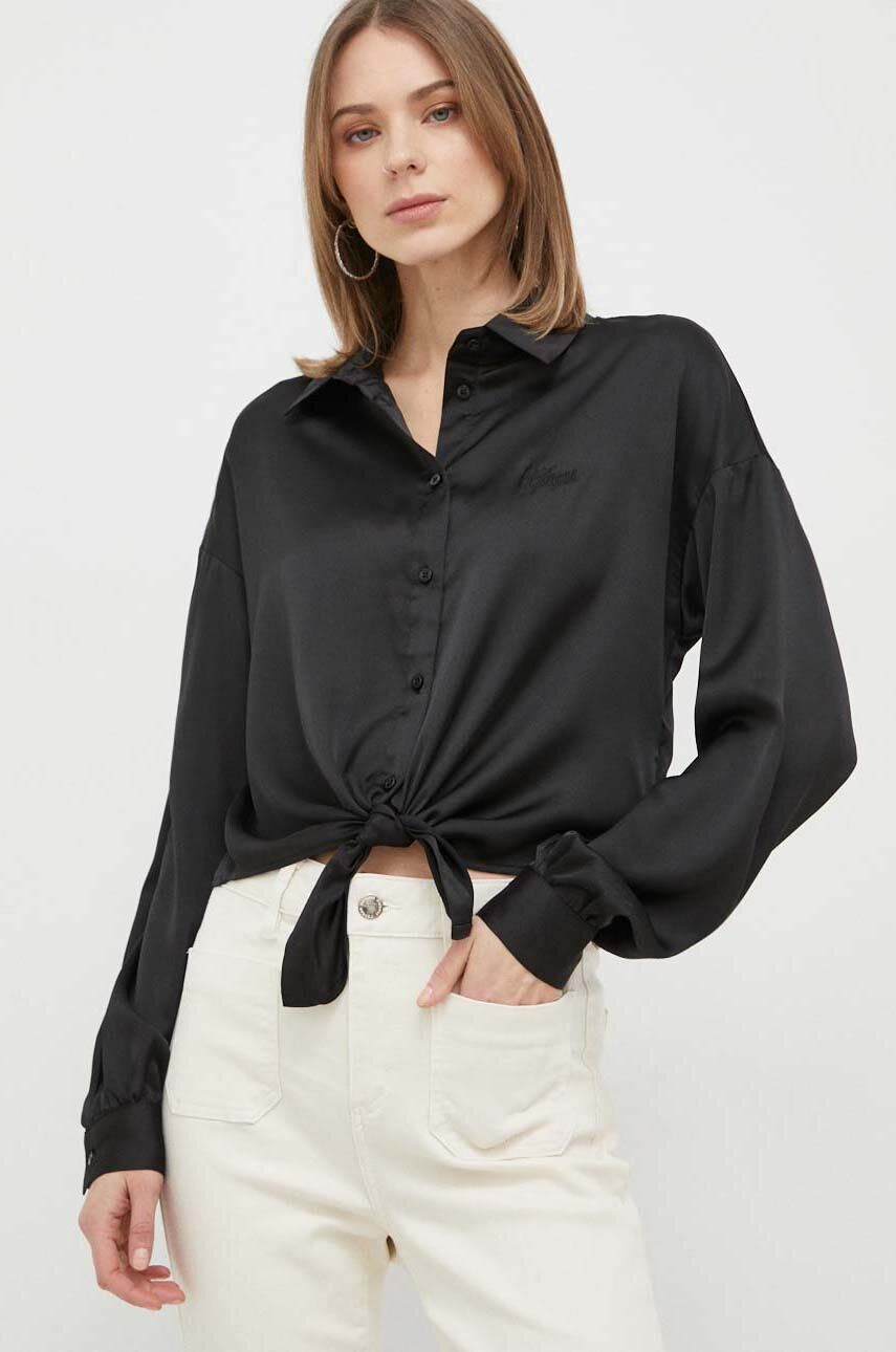 Košile Guess BOWED JUN dámská, černá barva, relaxed, s klasickým límcem, W3GH93 WD8G2