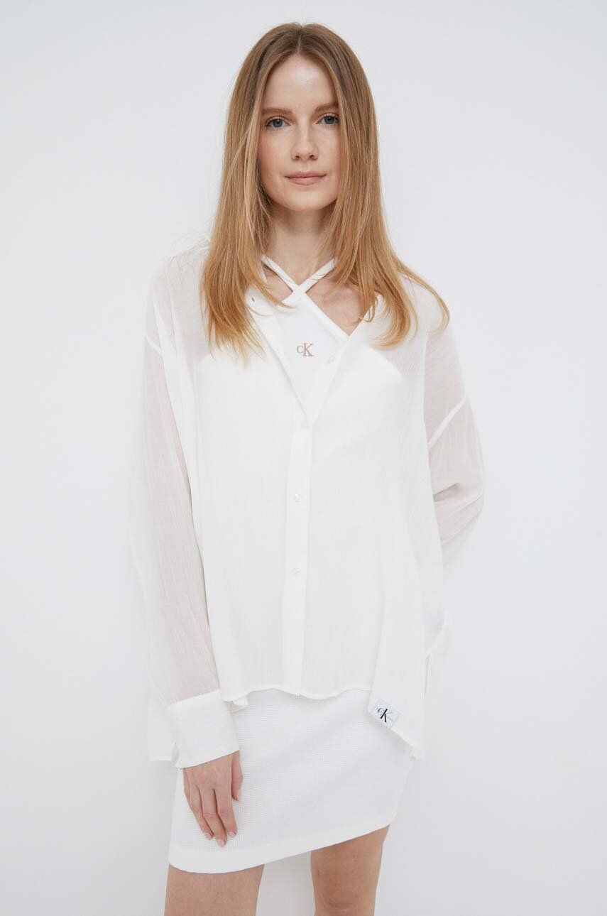 Košile Calvin Klein Jeans dámská, bílá barva, relaxed, s klasickým límcem - bílá -  80 % Viskóz