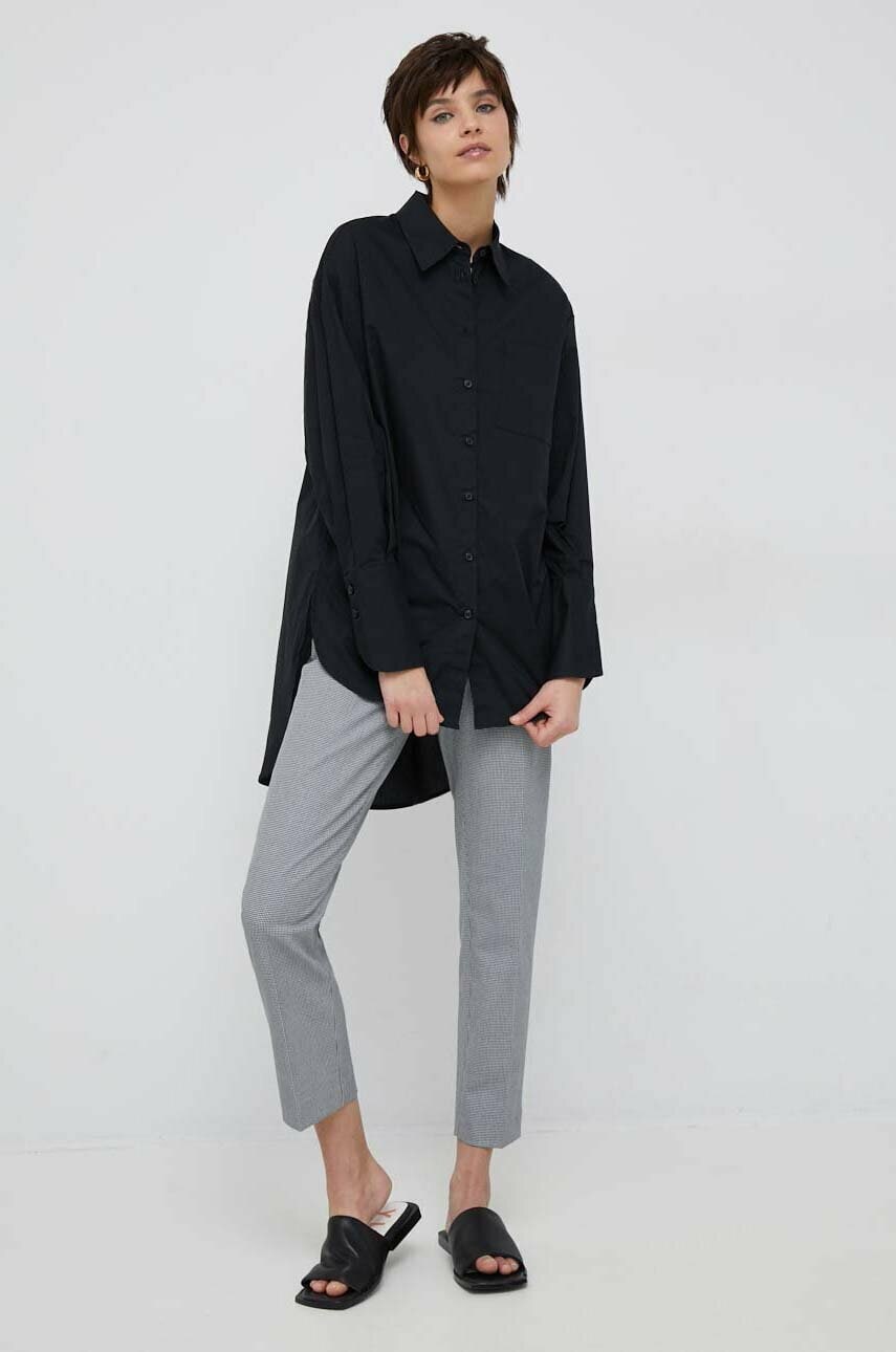 Sisley camasa din bumbac femei, culoarea negru, cu guler clasic, relaxed