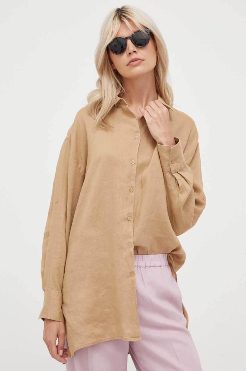 

Сорочка з льону United Colors of Benetton колір бежевий relaxed класичний комір
