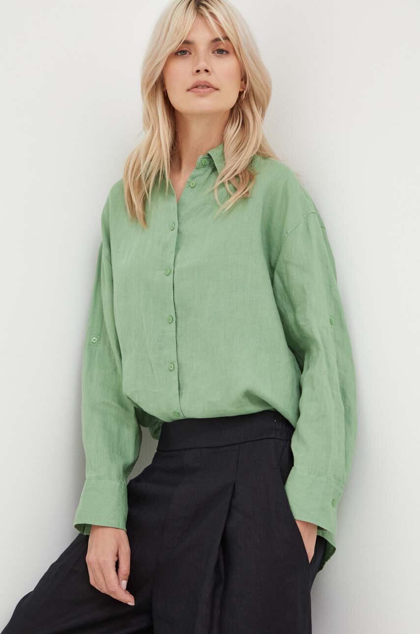 

Сорочка з льону United Colors of Benetton колір зелений relaxed класичний комір