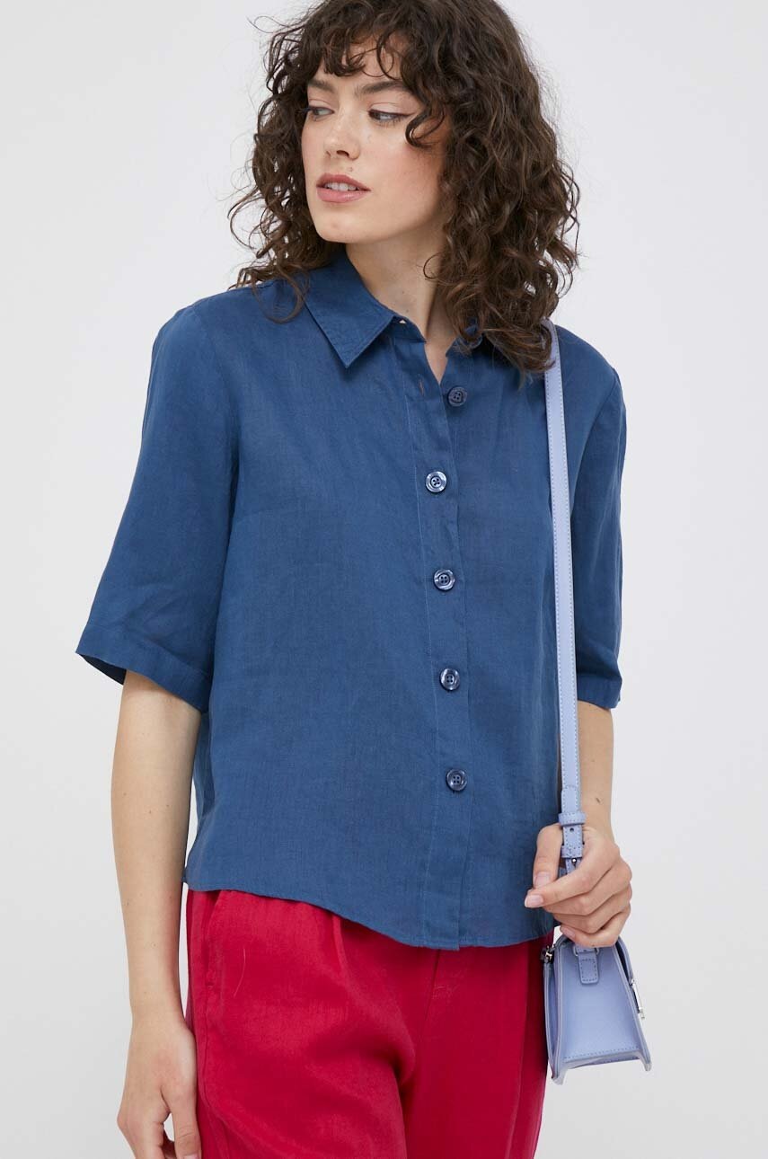 

Льняная рубашка United Colors of Benetton цвет синий relaxed классический воротник