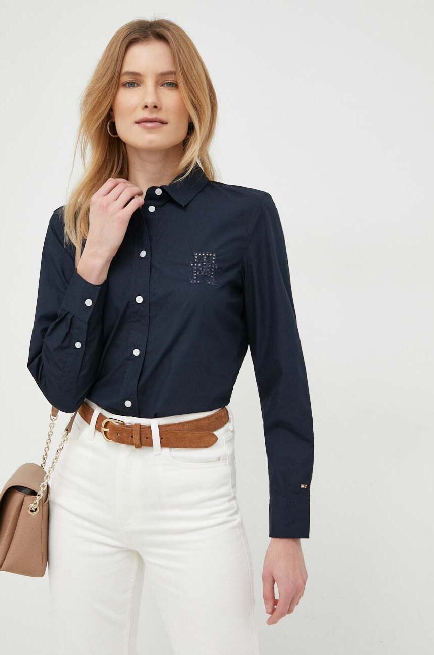 

Хлопковая рубашка Tommy Hilfiger женская цвет синий regular классический воротник