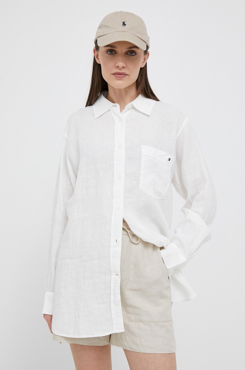 

Льняная рубашка Tommy Hilfiger женская цвет бежевый relaxed классический воротник