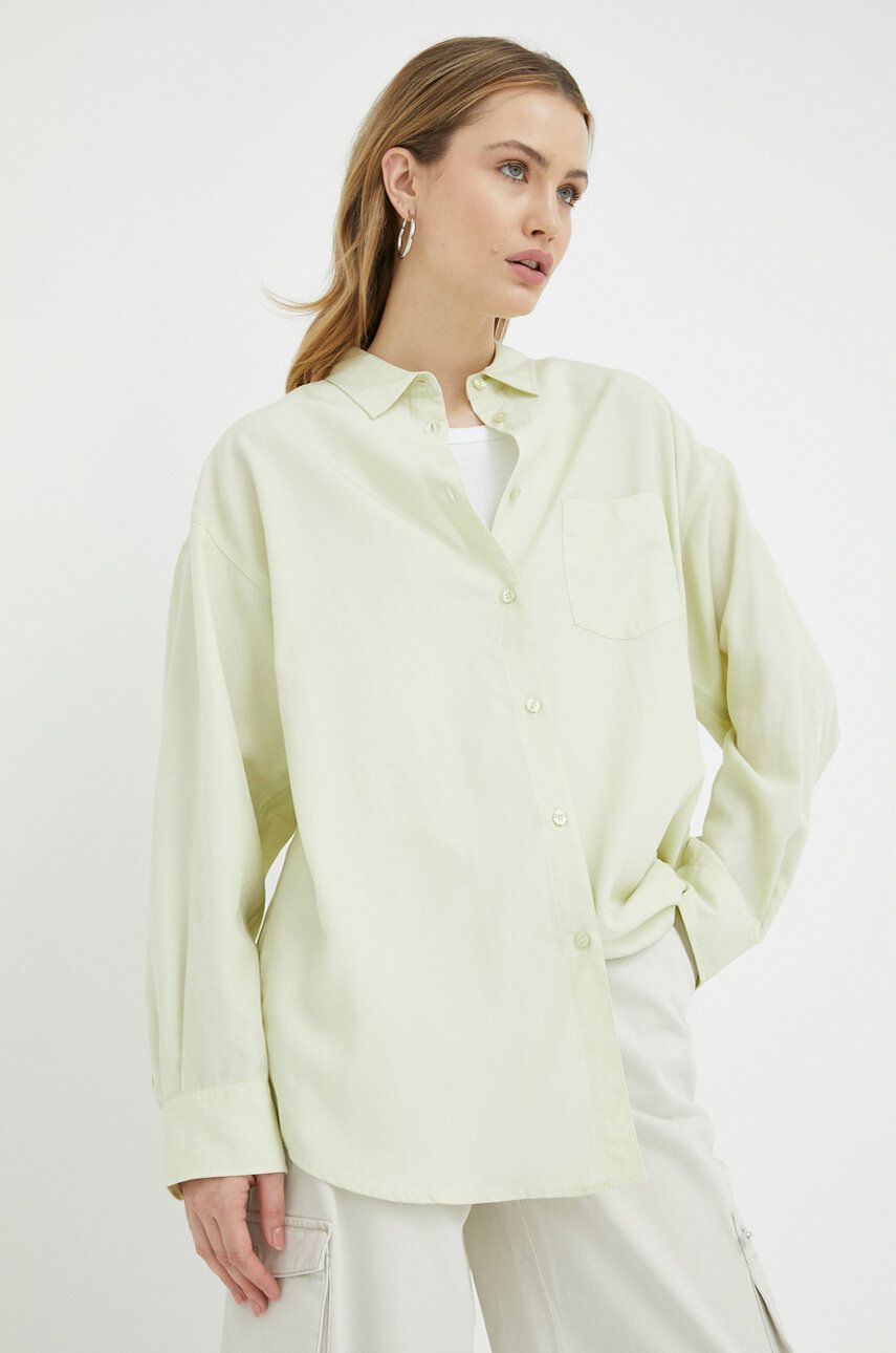 Košile s příměsí lnu Samsoe Samsoe Lua zelená barva, relaxed, s klasickým límcem - zelená -  70