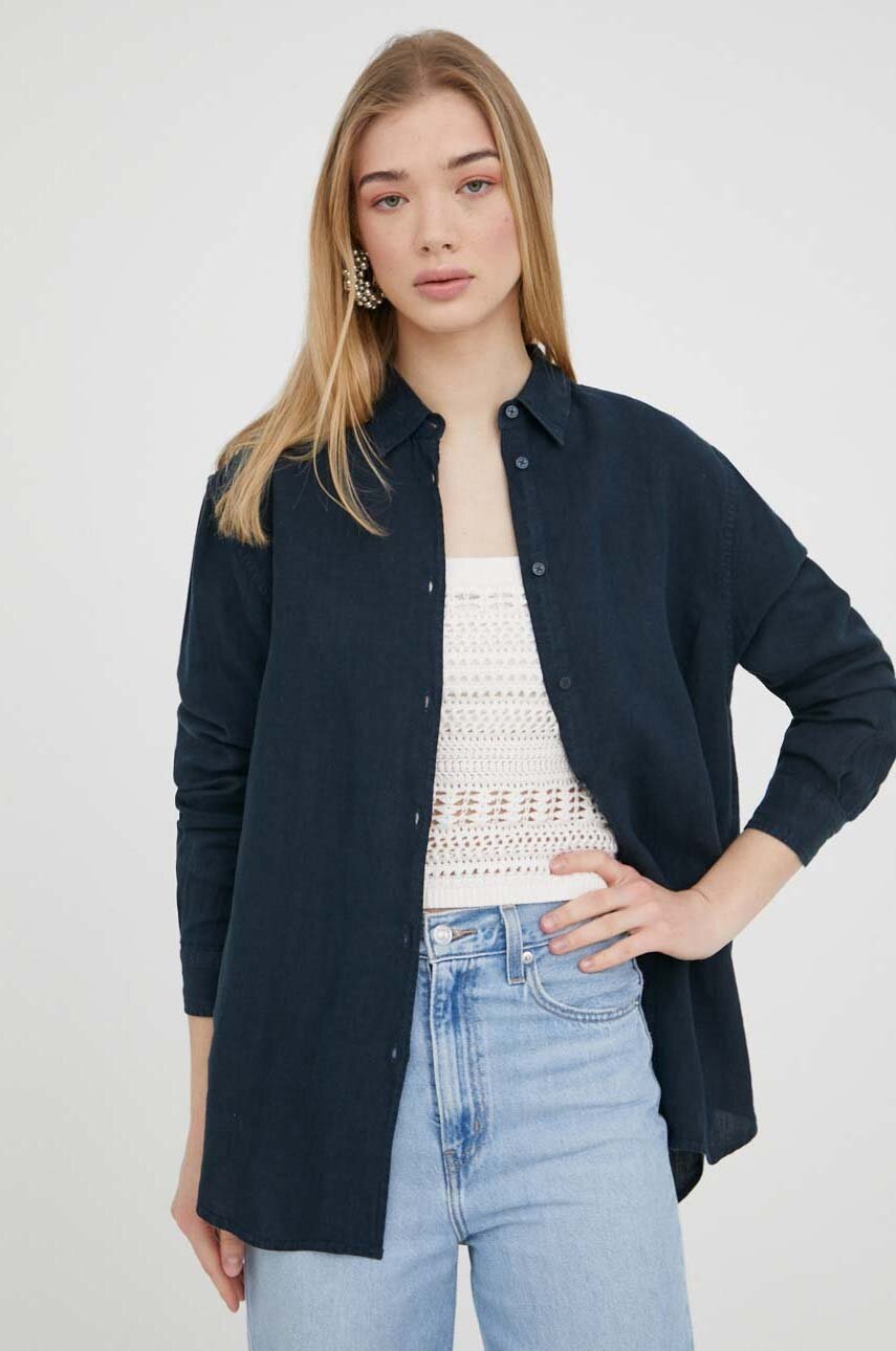 

Сорочка з льону Superdry колір синій relaxed класичний комір