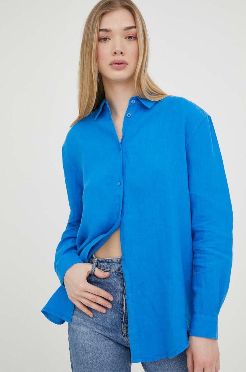 

Ленена риза Superdry в синьо със свободна кройка с класическа яка, Син