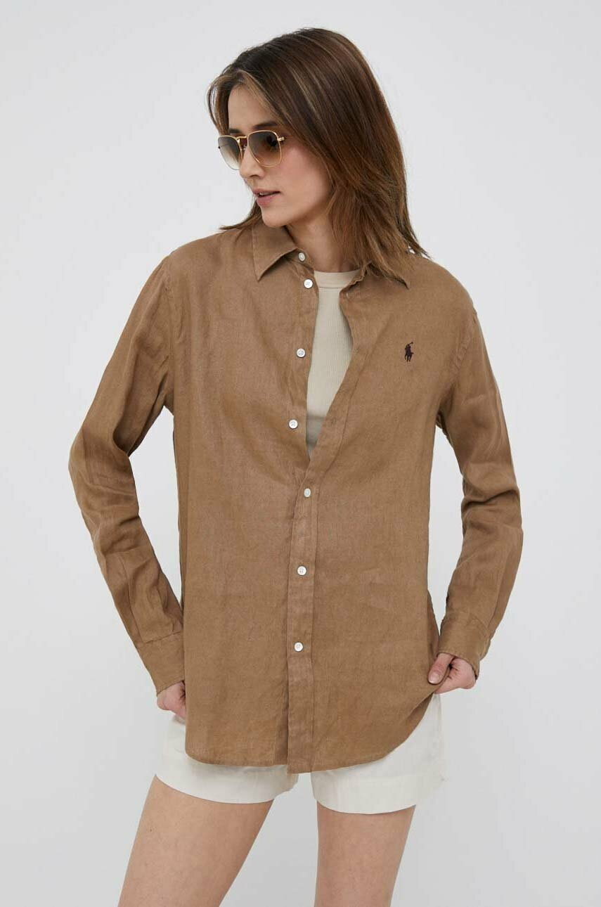

Льняная рубашка Polo Ralph Lauren цвет зелёный regular классический воротник