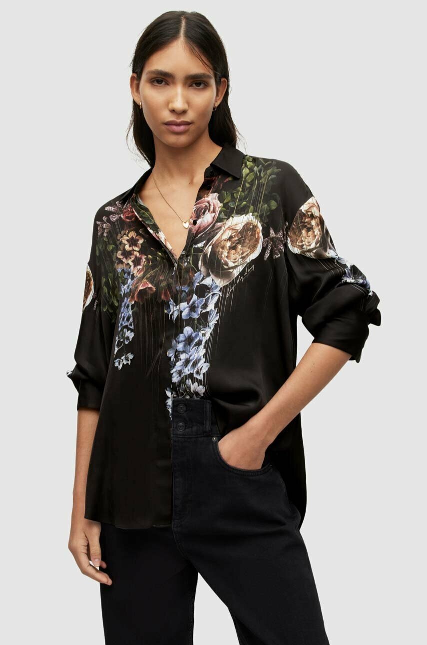 

Риза AllSaints дамска в черно със свободна кройка с класическа яка, Черен