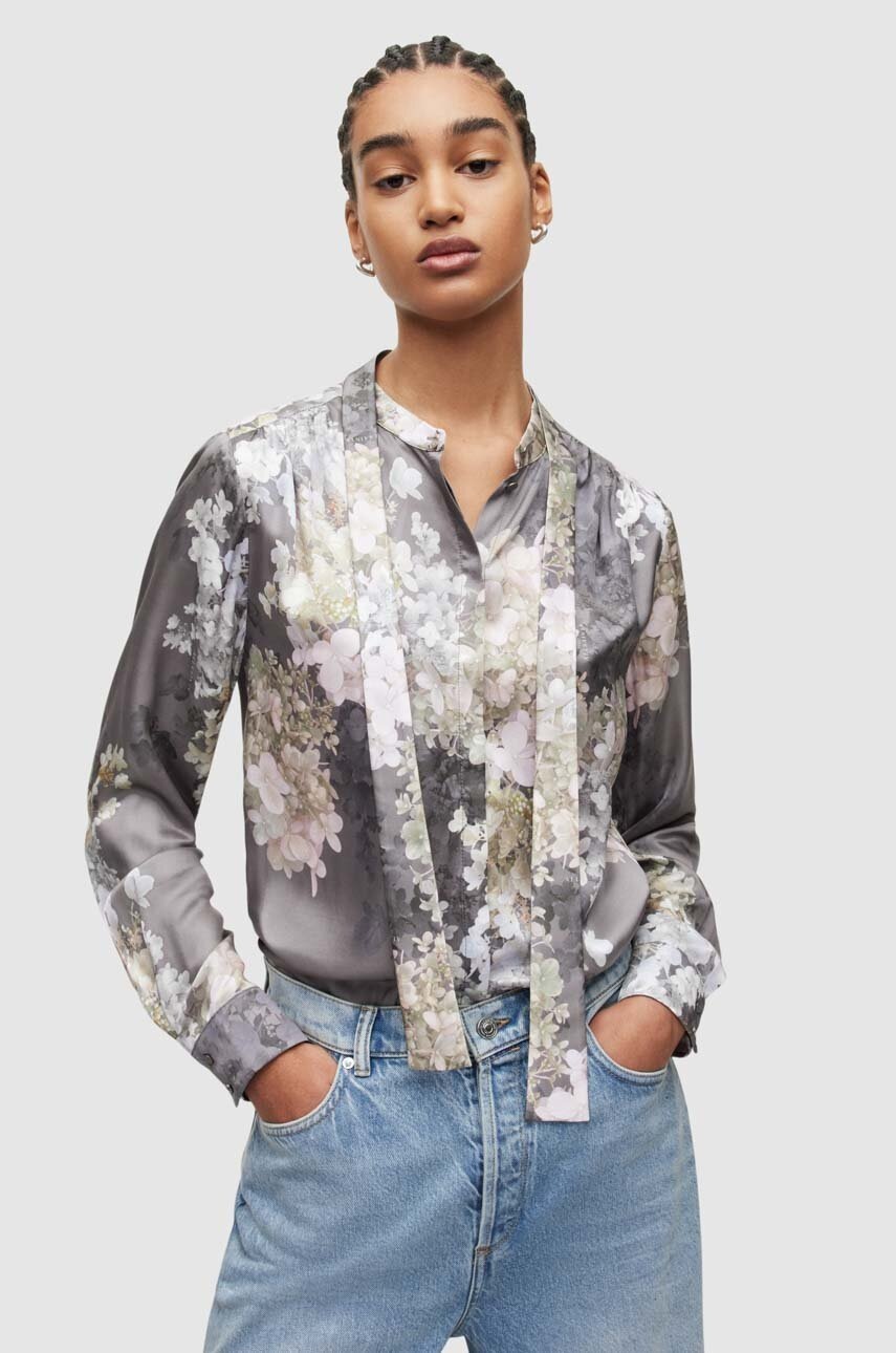 

Шовкова сорочка AllSaints колір сірий regular класичний комір