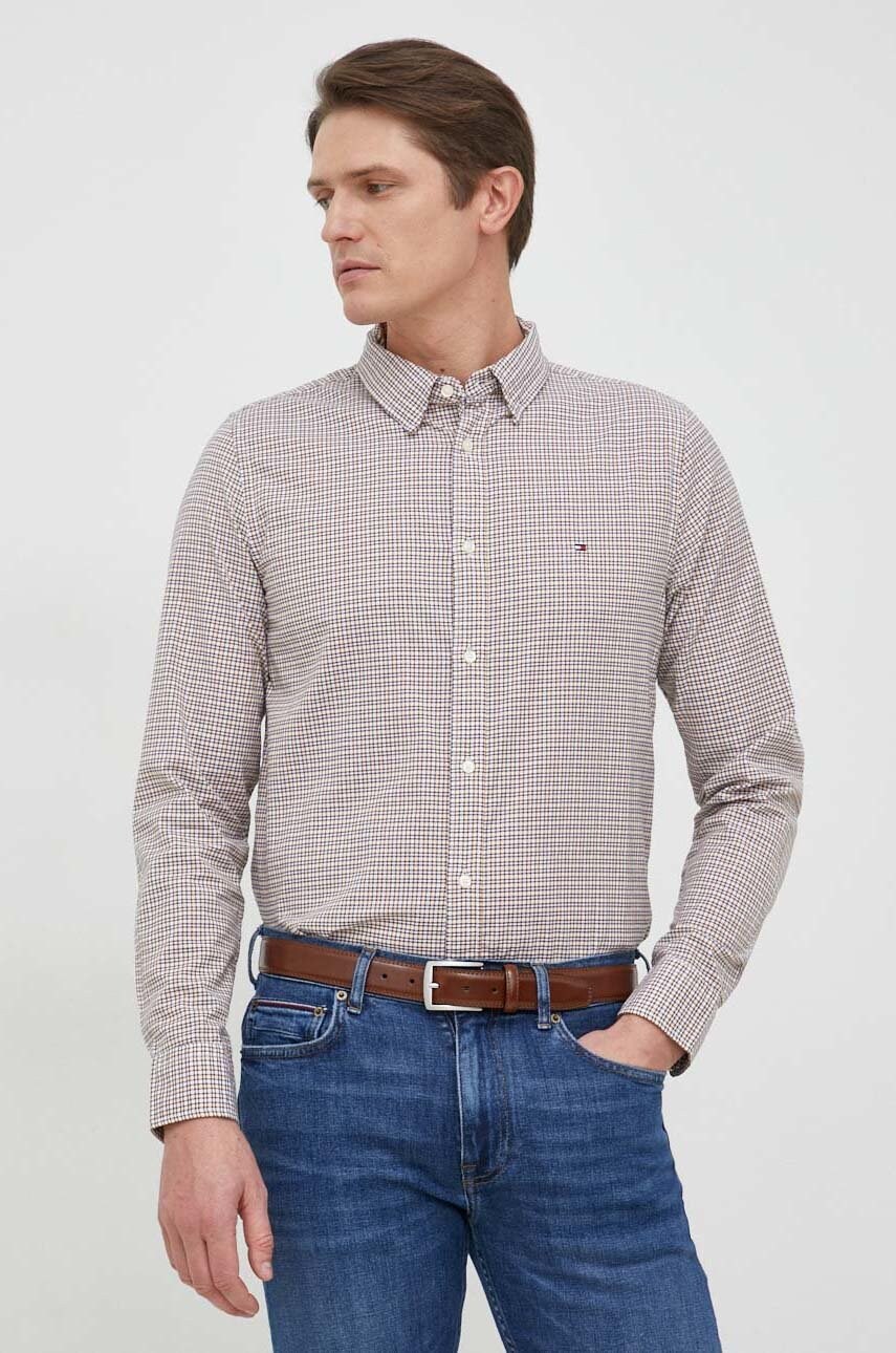 

Хлопковая рубашка Tommy Hilfiger мужская цвет бежевый slim воротник button-down