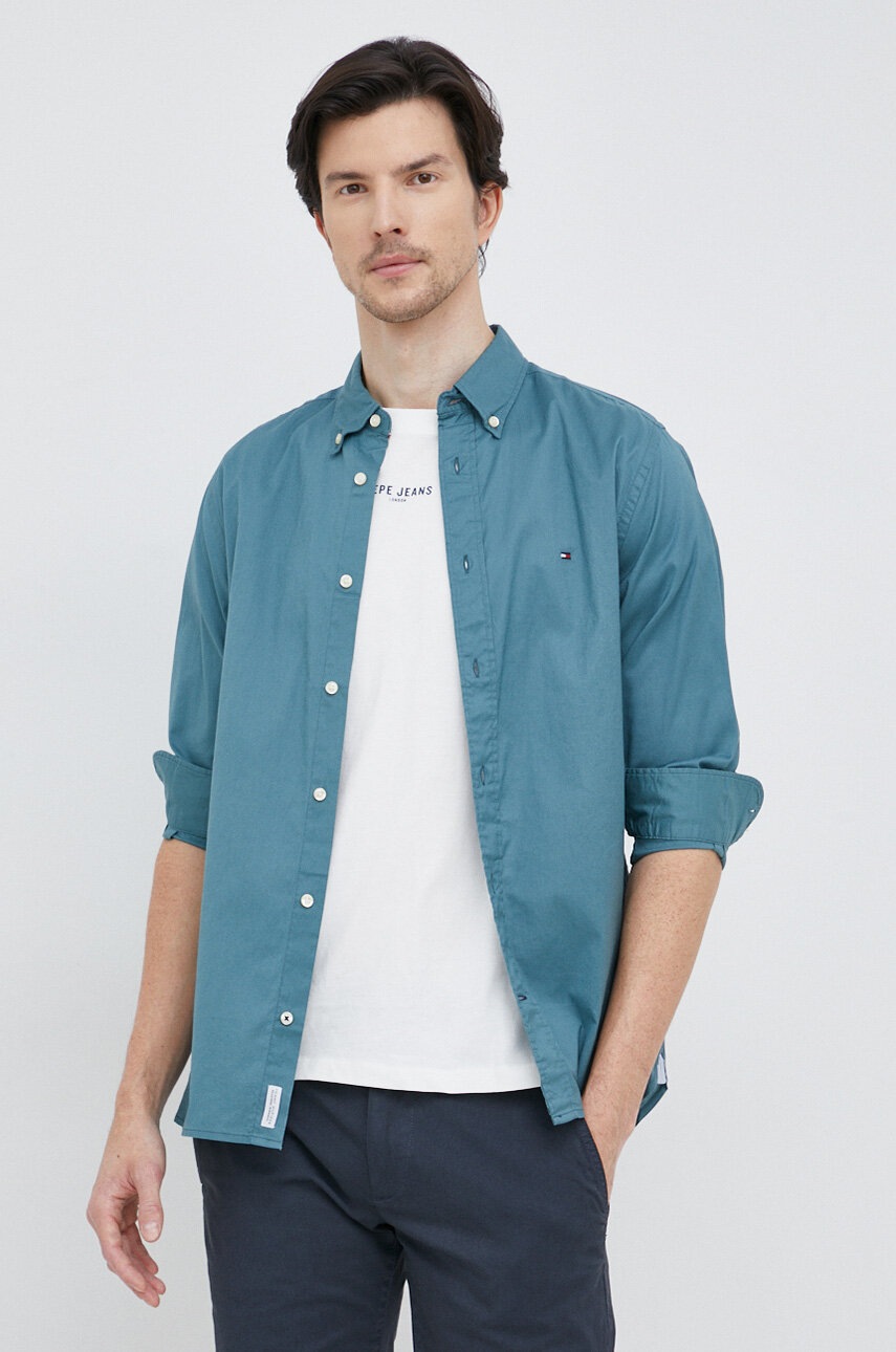 

Хлопковая рубашка Tommy Hilfiger мужская цвет зелёный regular воротник button-down