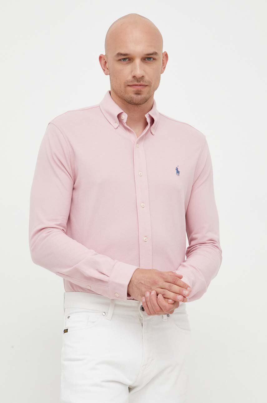 Levně Košile Polo Ralph Lauren růžová barva, regular, s límečkem button-down, 710654408