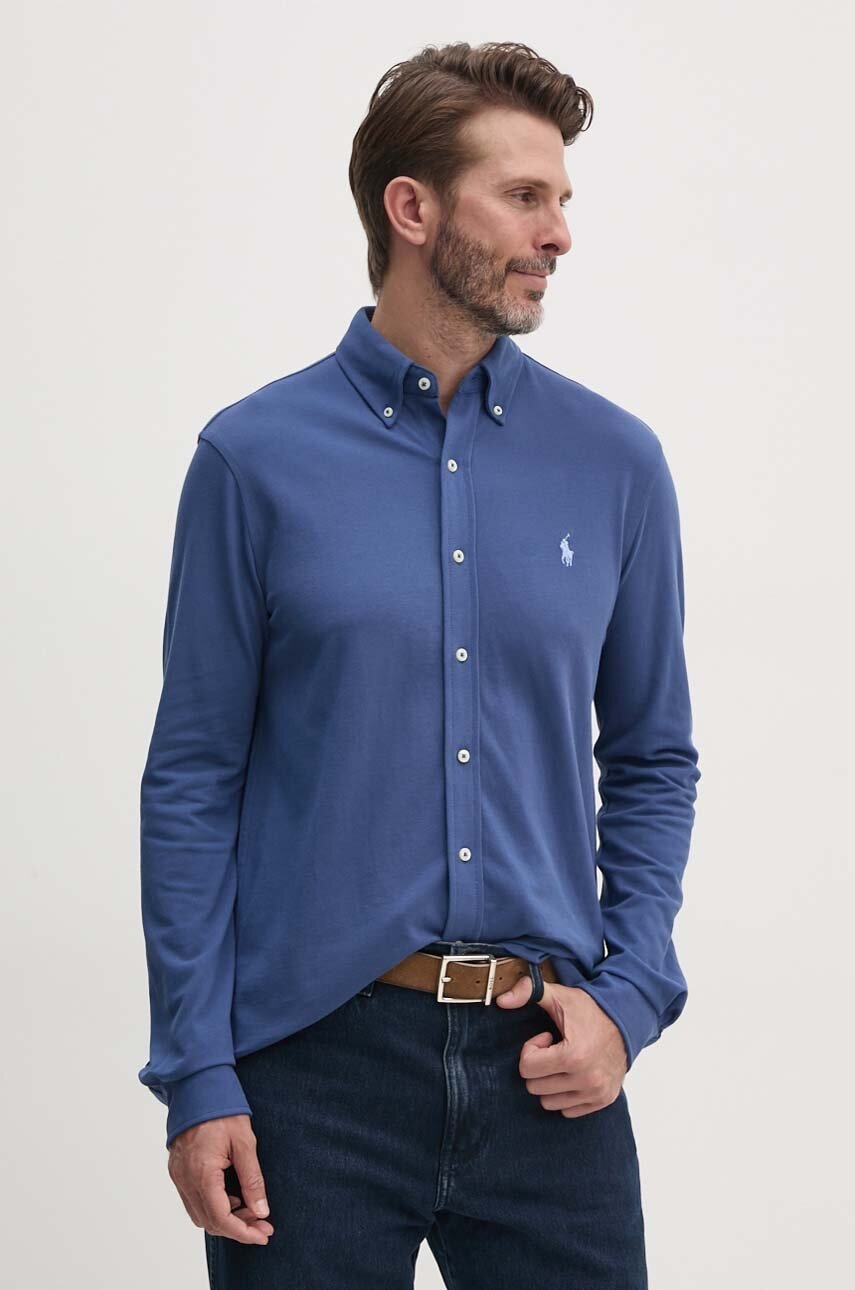 

Памучна риза Polo Ralph Lauren мъжка в синьо със стандартна кройка с яка с копче, Син