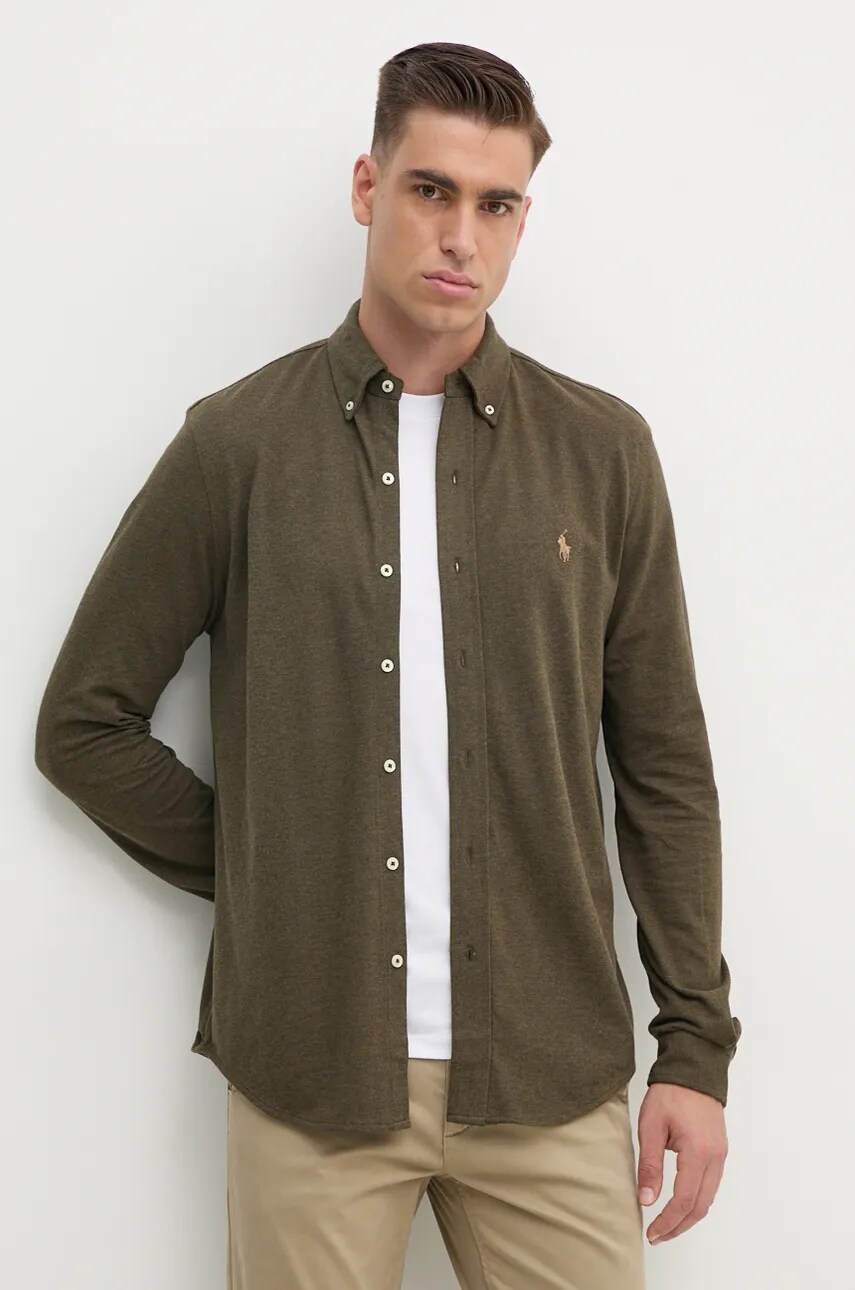 Levně Bavlněná košile Polo Ralph Lauren zelená barva, regular, s límečkem button-down, 710654408