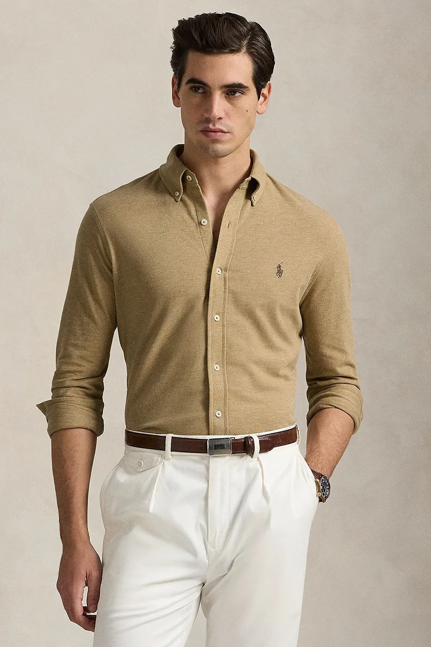 

Памучна риза Polo Ralph Lauren мъжка в бежово със стандартна кройка с яка с копче 710654408, Бежов