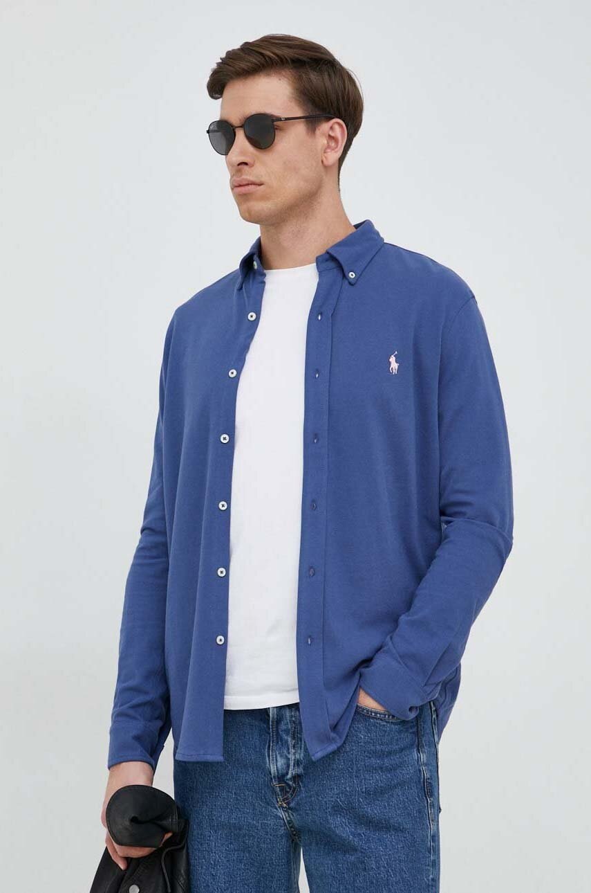 

Памучна риза Polo Ralph Lauren мъжка в синьо със стандартна кройка с яка с копче, Син