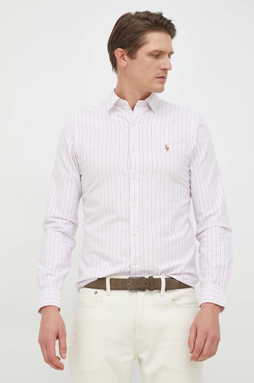 

Памучна риза Polo Ralph Lauren мъжка в розово с кройка по тялото с яка с копче, Розов