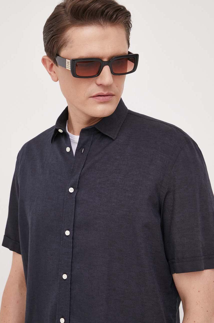 Košile s příměsí lnu Liu Jo tmavomodrá barva, regular, s klasickým límcem - námořnická modř -  