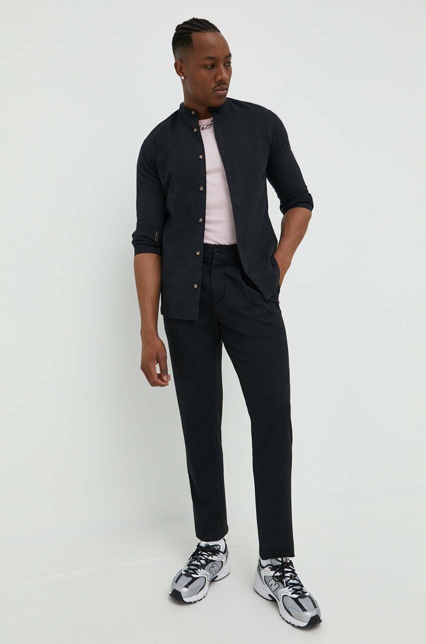 

Рубашка с примесью льна Jack & Jones JJESUMMER цвет чёрный slim со стойкой 12196820