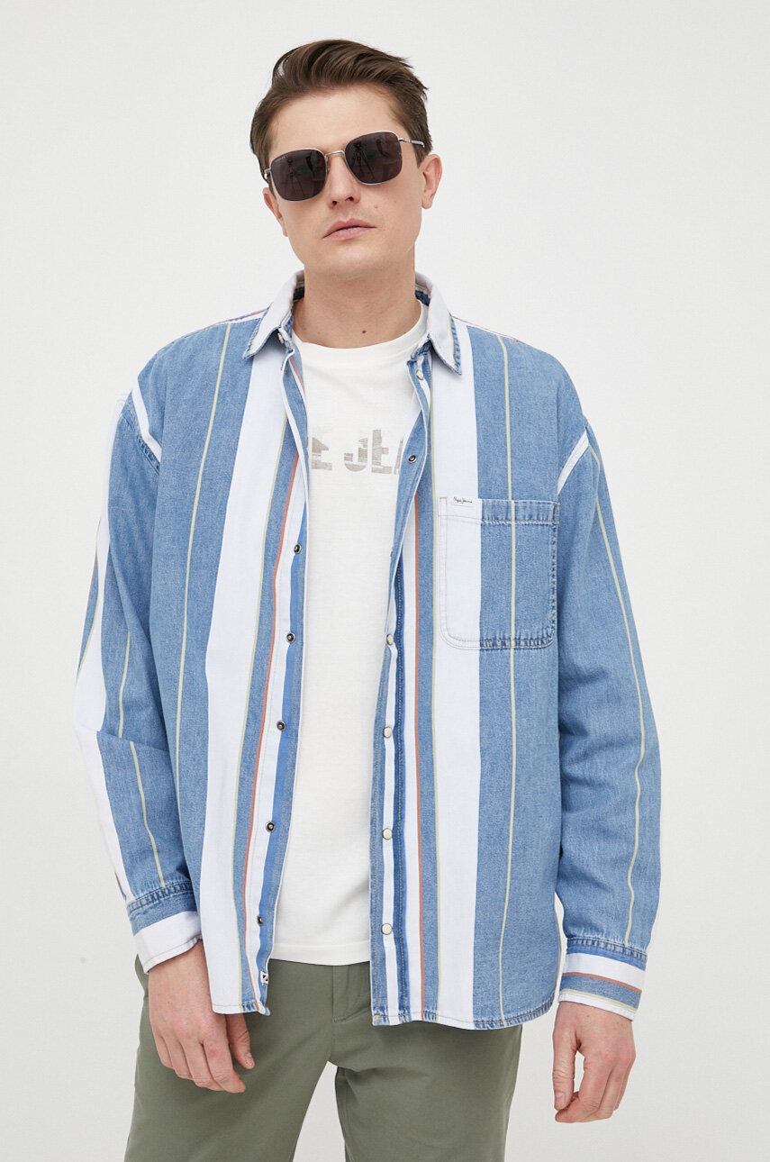 

Джинсовая рубашка Pepe Jeans мужская цвет синий relaxed классический воротник