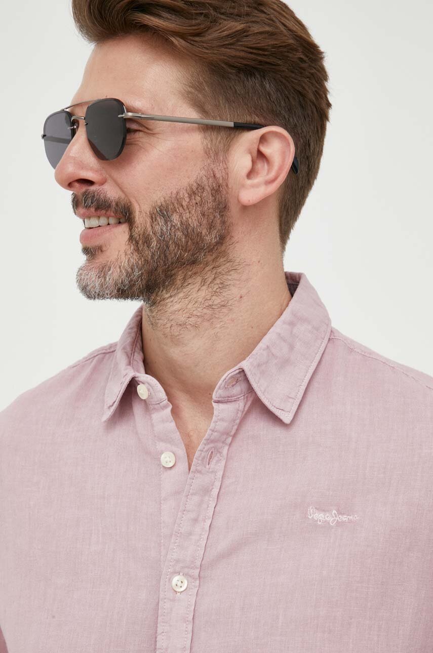

Льняная рубашка Pepe Jeans Parker цвет розовый regular классический воротник