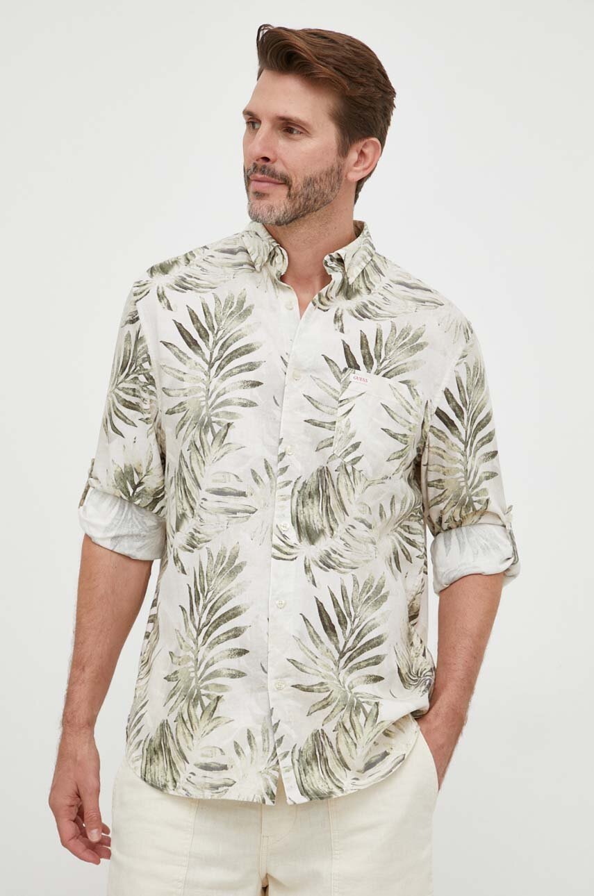 

Льняная рубашка Guess цвет зелёный regular воротник button-down