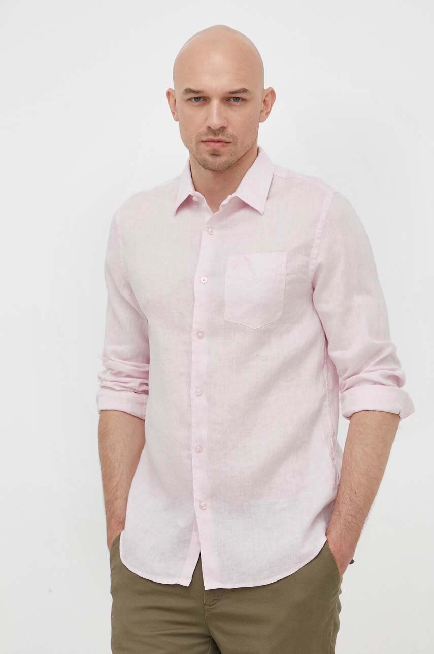 Levně Plátěná košile Guess růžová barva, regular, s klasickým límcem