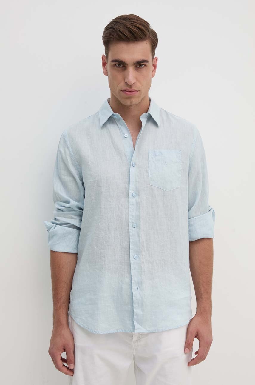 

Ленена риза Guess в синьо със стандартна кройка с класическа яка, Син