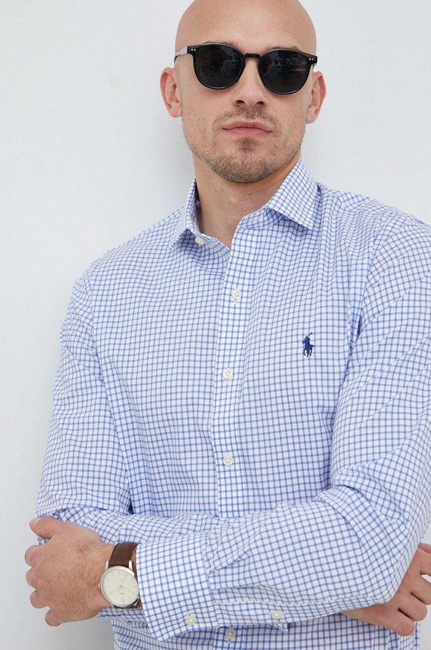 

Памучна риза Polo Ralph Lauren мъжка в синьо с кройка по тялото с класическа яка, Син