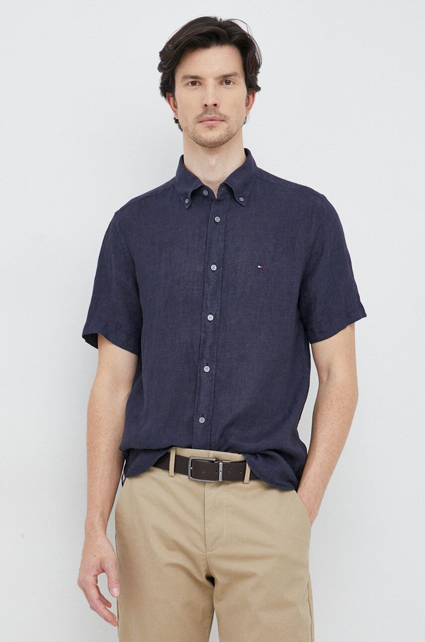 Plátěná košile Tommy Hilfiger tmavomodrá barva, regular, s límečkem button-down - námořnická modř - 