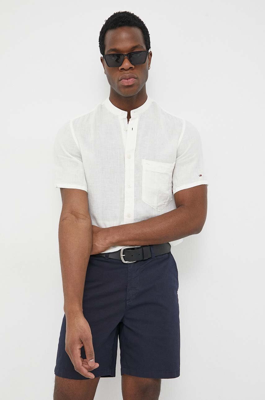 

Льняная рубашка Tommy Hilfiger цвет белый regular со стойкой
